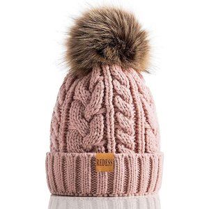 Womens Winter Warm Fleece Lined Knitted Soft Ski Cuff Beanie Hat with Pom Pom